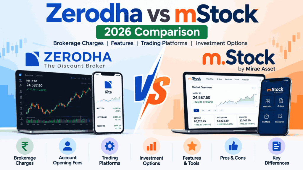 Zerodha vs m.Stock 2026: Which Trading Platform Is Better? 11 Zerodha vs mStock 2026 – Brokerage Charges, Features & Comparison
